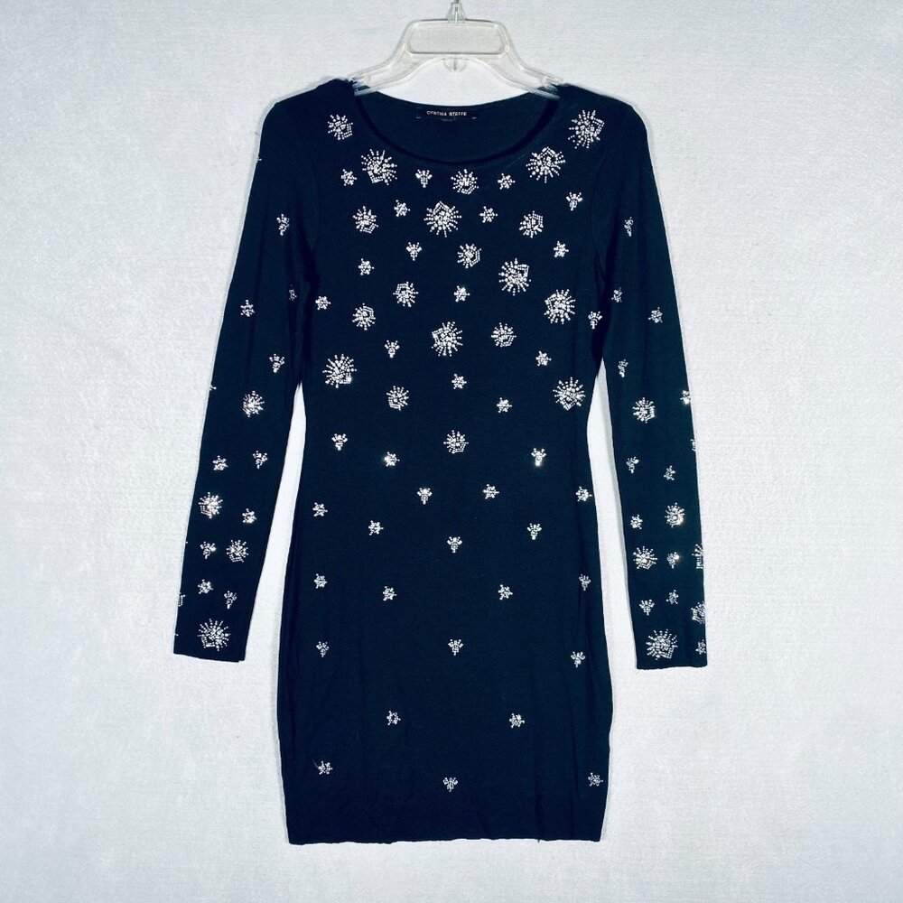 Vintage Cynthia Steffe Dress Womens M Black Bodycon Rhinestone Statement Sequins